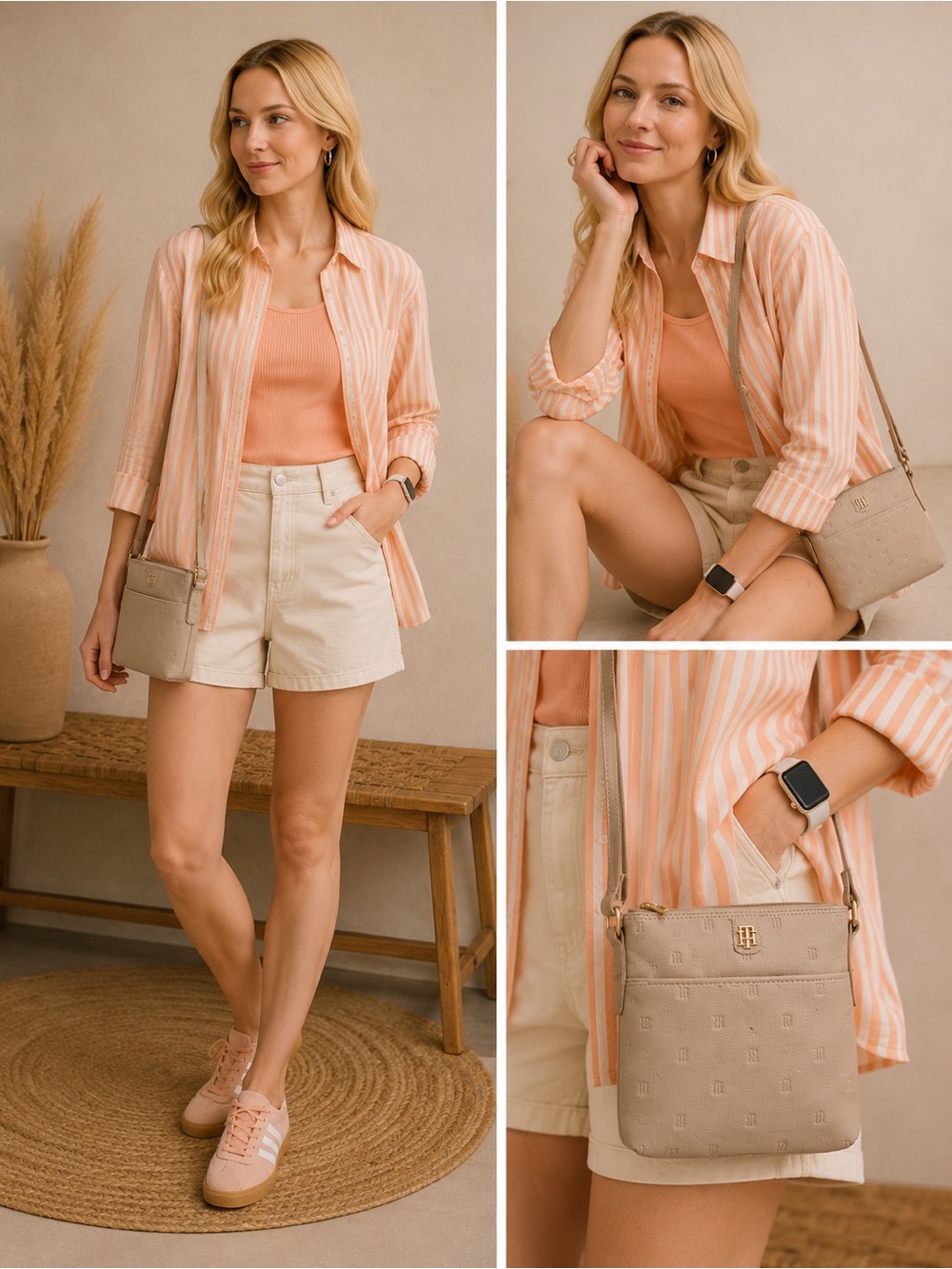 Tommy Hilfiger Taupe Pebbled Crossbody with Gold-Tone Logo